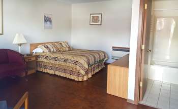 Alpine Motel, one queen bed room thumbnail photo, room no 4, beige bed